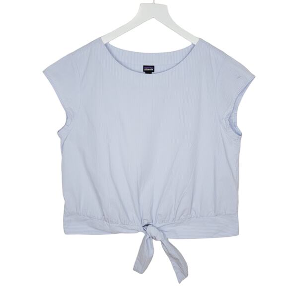 Patagonia Striped Seersucker 100% Organic Cotton Crop Tie Front Shirt - Size L - Picture 1 of 3